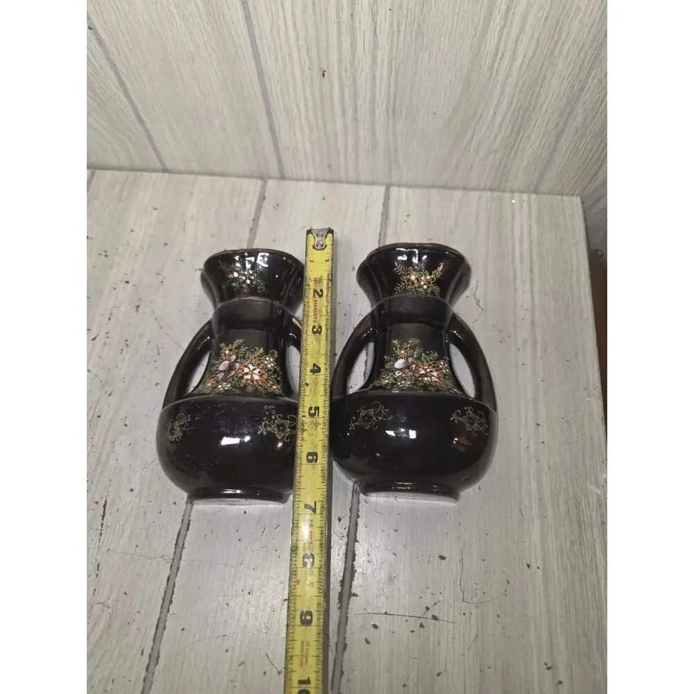 Vintage 1950s Japanese Porcelain Wall Pockets Handpainted Floral Redware Set